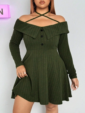 Plus Size Sexy Off-shoulder Halter Ribgebreide Lange Mouw Mini-jurk Legergroen A-lijn Casual Party Korte Jurk Dames