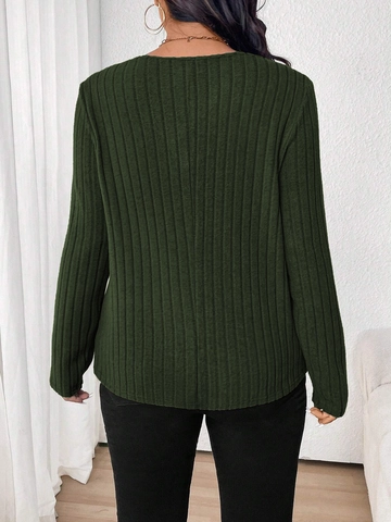 Plus Size Ribbed Long Sleeve V-Neck Cutout Top With Decorative Buttons For Women Casual Solid Color Slim Fit Knitted T-Shirt
