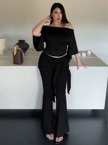 Women Plus Size Sexy Black Off Shoulder Flare Sleeve Top And Flare Pants Two Piece Set Solid Color Outfits