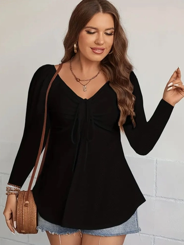 Women Plus Size V Neck Drawstring Long Sleeve T-Shirt Solid Color Slim Fit Ruched Casual Top For Daily Wear