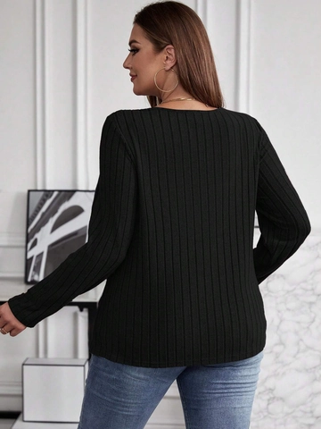 Women's Plus Size Ribbed V Neck Long Sleeve T-Shirt Solid Color Casual Slim Fit Basic Knit Top For Daily Wear
