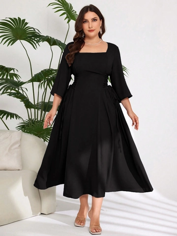 Women Plus Size Elegant Black Midi Dress Square Neck Long Sleeve Side Ruched Drawstring A-Line Casual Party Cocktail Dress