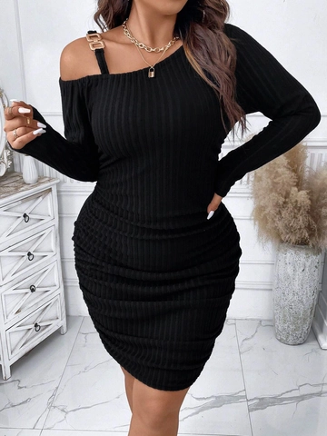 Vestito Taglie Forti Donna Elegante Monospalla in Maglia a Costine Manica Lunga Mini Abito Con Tracolla a Catena Vita Alta Increspato