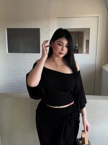 Women Plus Size Sexy Black Off Shoulder Flare Sleeve Top And Flare Pants Two Piece Set Solid Color Outfits
