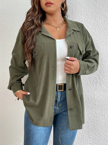Veste Chemise en Velours Côtelé Grande Taille Femme Manches Longues Boutonnée Avec Poches Vert Armée