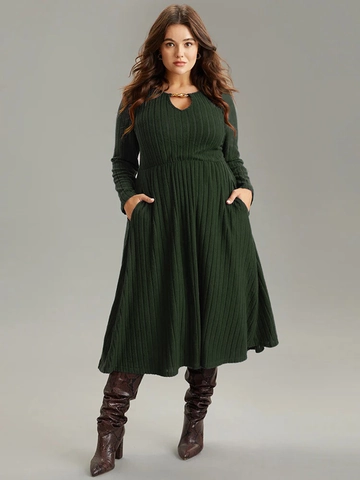 Women's Plus Size Elegant V Neck Knitted Maxi Dress Ribbed Long Sleeve High Waist Slimming Army Green Party Long Dress