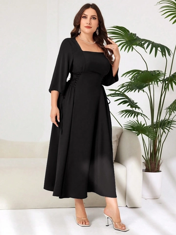 Women Plus Size Elegant Black Midi Dress Square Neck Long Sleeve Side Ruched Drawstring A-Line Casual Party Cocktail Dress