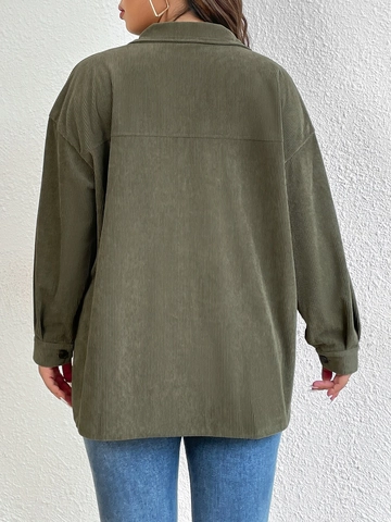 Veste Chemise en Velours Côtelé Grande Taille Femme Manches Longues Boutonnée Avec Poches Vert Armée