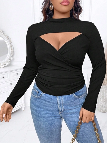 Women Plus Size Sexy Deep V Neck Cutout Long Sleeve Top Ribbed Knit Wrap Ruched Slim Fit Solid Color Black T-Shirt