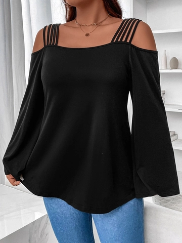 Plus Size Women Cold Shoulder Top Multi Strap Long Bell Sleeve Solid Color Casual Loose Knitted Shirt Intellectual T-Shirt