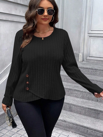 Plus Size Women Casual Long Sleeve Ribbed Knit T-Shirt Round Neck Asymmetrical Hem Decorative Buttons Solid Color Slim Top