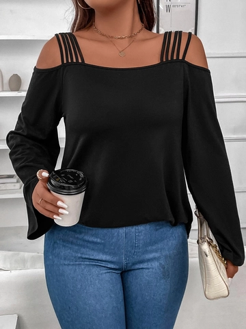 Plus Size Women Cold Shoulder Top Multi Strap Long Bell Sleeve Solid Color Casual Loose Knitted Shirt Intellectual T-Shirt