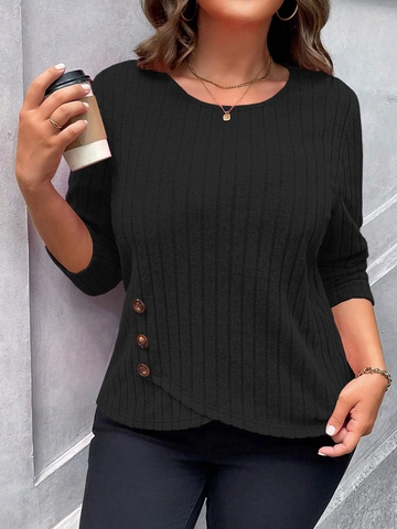 Plus Size Women Casual Long Sleeve Ribbed Knit T-Shirt Round Neck Asymmetrical Hem Decorative Buttons Solid Color Slim Top