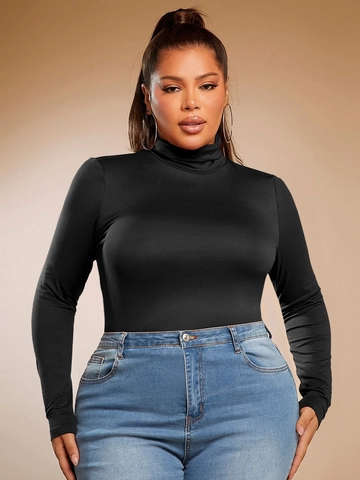 Damen Plus Size Rollkragen Langarm T-Shirt Slim Fit Einfarbig Schwarz Strickoberteil Für Casual Alltag