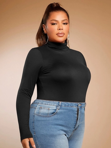 Damen Plus Size Rollkragen Langarm T-Shirt Slim Fit Einfarbig Schwarz Strickoberteil Für Casual Alltag