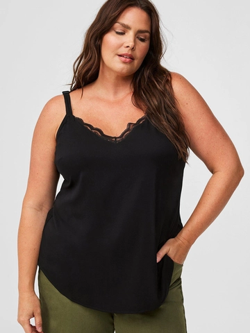 Plus Size Women's Casual V Neck Lace Trim Camisole Top Solid Color Knitted Tank Top With Metal O Ring Back Strap