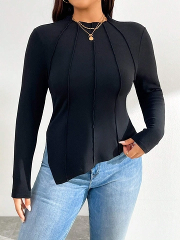 Women Plus Size Asymmetrical Hem Long Sleeve T-Shirt Exposed Seam Slim Fit Casual Round Neck Solid Knit Top