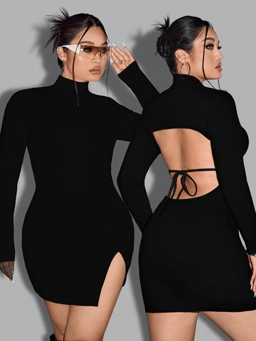 Women's Plus Size Sexy Backless Bodycon Mini Dress Long Sleeve Mock Neck Side Slit Drawstring Solid Color Party Dress
