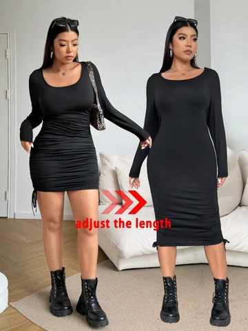 Plus Size Sexy Ruched Long Sleeve Bodycon Dress Solid Color Adjustable Drawstring Mini Dress Black Slim Fit Clubwear