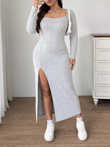 Abito Midi da Donna Taglie Forti Scollo Quadrato Maglia a Costine Manica Lunga Spacco Laterale Aderente Poliestere Spandex Casual