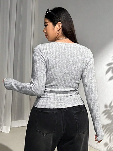 Women's Plus Size Ribbed Knit Long Sleeve T-Shirt Grey Solid Color Slim Fit Square Neck Curved Hem Casual Fashion Top