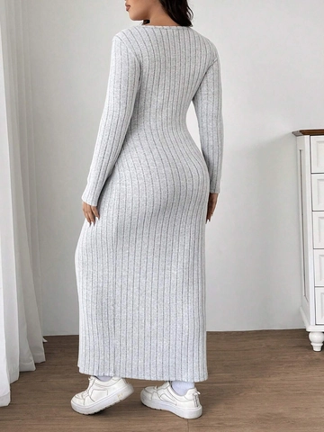 Abito Midi da Donna Taglie Forti Scollo Quadrato Maglia a Costine Manica Lunga Spacco Laterale Aderente Poliestere Spandex Casual