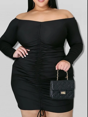 Women Plus Size Off Shoulder Ruched Mini Dress Sexy Bodycon Long Sleeve Solid Color Pullover High Waist Knitted Dress
