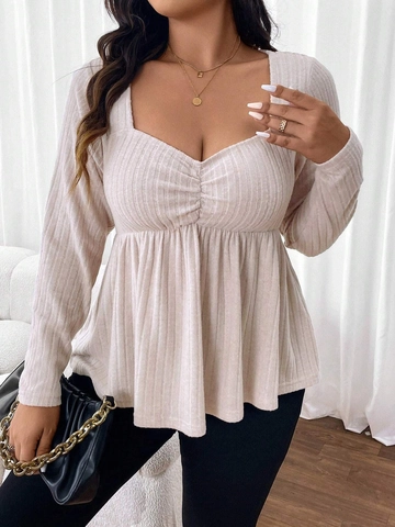 Plus Size Women Elegant Sweetheart Neck Ribbed Knit Top Slim Fit Peplum Long Sleeve T-Shirt Solid Color Beige Casual Blouse
