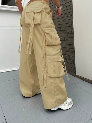 Pantalones Cargo Caqui para Mujer de Talla Grande Cintura Alta Pierna Ancha Streetwear Pantalones Largos con Múltiples Bolsillos y Correas Decorativas