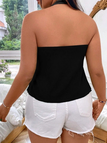 Women Plus Size Sexy Halter V-Neck Ribbed Knitted Tank Top Drawstring Peplum Hem Sleeveless Solid Color Summer Short Top