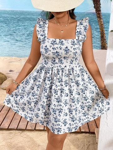 Vrouwen Grote Maten Zomerjurk Bloemenprint Vierkante Hals Ruffle Mouw Open Rug Grote Strik A-Lijn Mini Jurk Wit Blauw