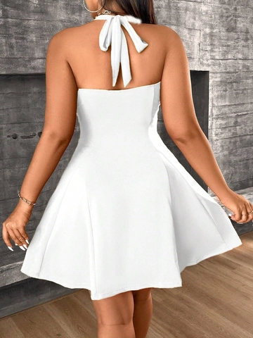Women Plus Size Halter Mini Dress Sexy Backless Bow Knot A-Line Short Dress Solid White Summer Party Wear Sleeveless Sundress