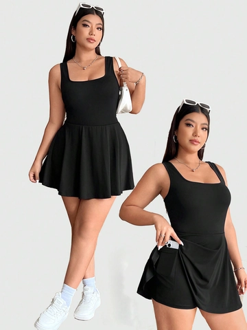 Women Plus Size Elegant Square Neck Sleeveless A Line Skater Dress Casual Solid Color Pocket Mini Knitted Summer Dress