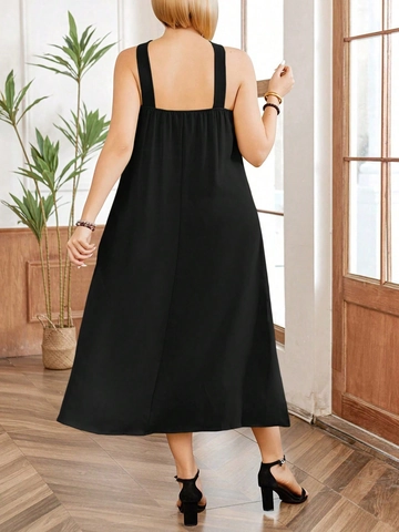 Women Plus Size Solid Black Halter Midi Dress Sleeveless Backless Side Split Slim Fit Bodycon Summer Vacation Party Dress