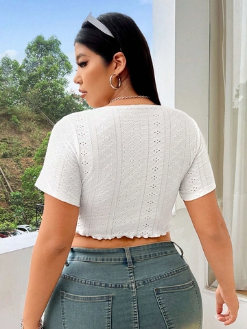 Maglietta da Donna Taglie Forti Scollo a V Manica Corta Ricamo a Occhielli Increspata Coulisse Orlo Irregolare Top Bianco Casual