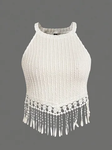 Top Corto de Punto Halter para Mujer Tallas Grandes Elegante Color Sólido Dobladillo con Borlas Sin Mangas Boho