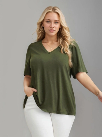 Women Plus Size Casual V Neck Short Sleeve T-Shirt Solid Olive Green Ruched Back Slit Cotton Blend Knitted Summer Top