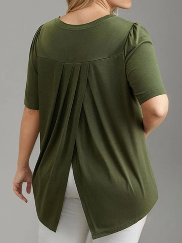 Women Plus Size Casual V Neck Short Sleeve T-Shirt Solid Olive Green Ruched Back Slit Cotton Blend Knitted Summer Top