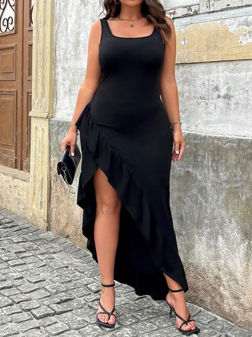 Women Plus Size Sleeveless Midi Dress High Waist Ruffle Hem High Slit Knitted Sexy Solid Black Bodycon Party Dress