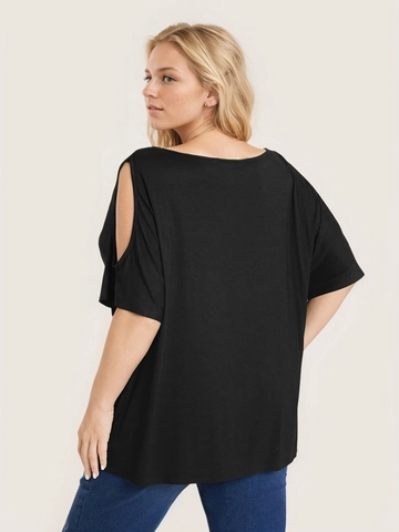 Women's Plus Size Cold Shoulder V Neck Short Sleeve T-Shirt Casual Loose Knitted Solid Color Summer Top Fashion Shirt