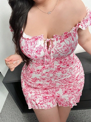 Plus Size Damen Sexy Blumenmuster Schulterfrei Bodycon Minikleid Gerafft Vorne Bindbar Volant Saum Kurzarm Clubwear