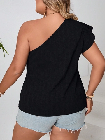Women Plus Size One Shoulder Ruffle T-Shirt Sexy Asymmetric Ruched Short Sleeve Casual Summer Top Solid Black