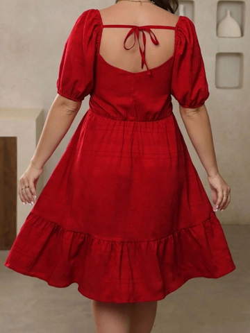 Elegante Rode Midi Jurk Grote Maat V-Hals Pofmouwen Geplooid Met Ruffles Open Rug Zomer Party Jurk