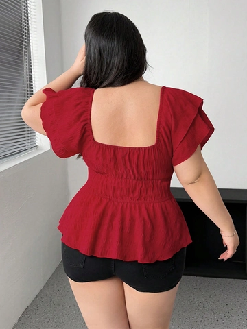 Damen Große Größen Sexy Eckiger Ausschnitt Rotes Kurzarm Top Gesmoktes Peplum T-Shirt Mit Schleife Sommer Rüschen Strick Shirt