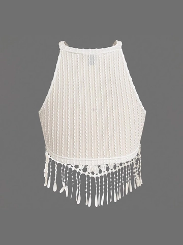 Top Corto de Punto Halter para Mujer Tallas Grandes Elegante Color Sólido Dobladillo con Borlas Sin Mangas Boho