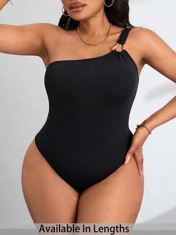 Women's Plus Size One Shoulder Bodysuit Black Asymmetrical Sleeveless Jumpsuit With Gold Metal Ring Detail Sexy Curvy Top