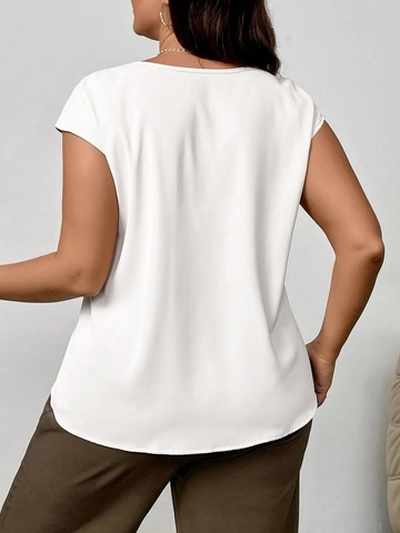 Elegant Plus Size Women Summer Pleated Top Round Neck Short Sleeve Solid Color Slim Fit T-Shirt Casual Commuter Blouse