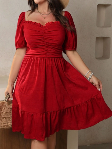 Elegante Rode Midi Jurk Grote Maat V-Hals Pofmouwen Geplooid Met Ruffles Open Rug Zomer Party Jurk