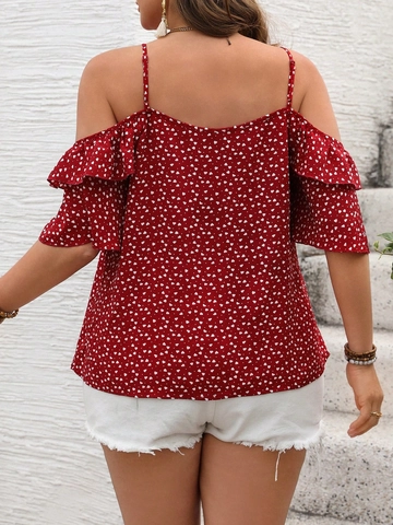 Maglietta da Donna Taglie Forti Estate Rosso Cuore Pois Spalle Scoperte Volant Fiocco Davanti Slim Fit Boho Casual Dolce Top