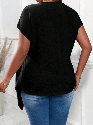 Women's Plus Size Casual V-Neck Short Sleeve Wrap Top Black Solid Color Pleated Texture Tie Waist Elegant Summer T-Shirt